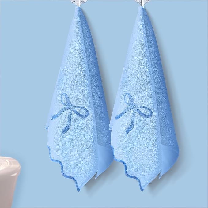 2 Pcs Blue Scalloped Hand Towels for Bathroom 26 x 13 Embroidery Coquette Bow Hand Towels 100% Cotton Soft Absorbent Boho Bath Decor for Kitchen Bathroom