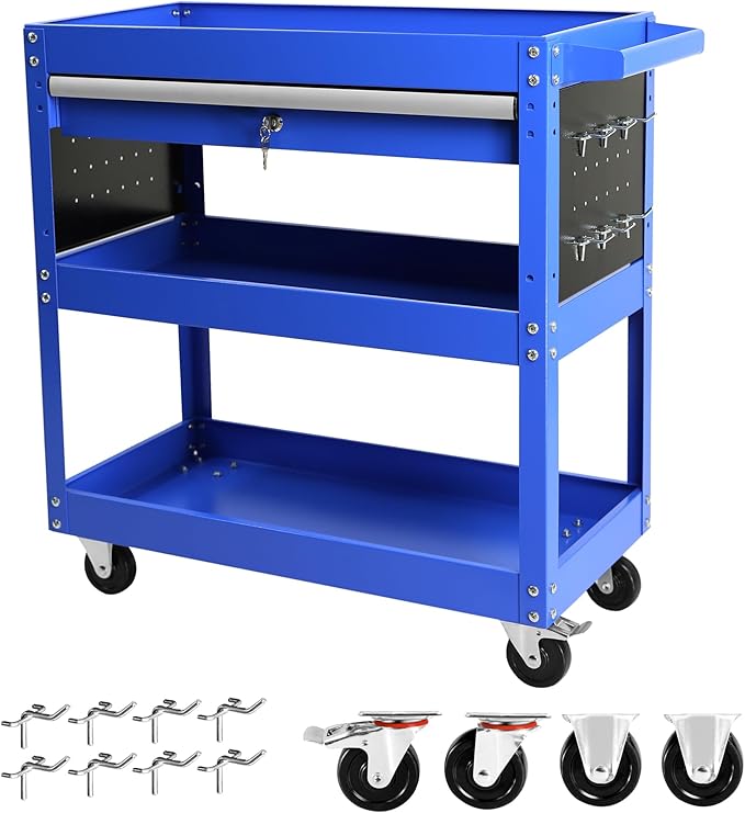 Rolling Tool Cart, Premium 1-Drawer Utility Cart, Heavy Duty Industrial Storage Organizer Mechanic Service Cart with Wheels and Locking System(Blue&Grey)