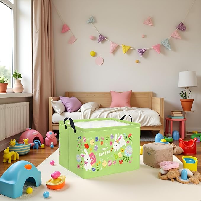 HIYAGON Rectangular Easter Basket Baby Boy Basket Kids Toy Storage Bin Organizer Box Easter Room Decor(Happy Easter)