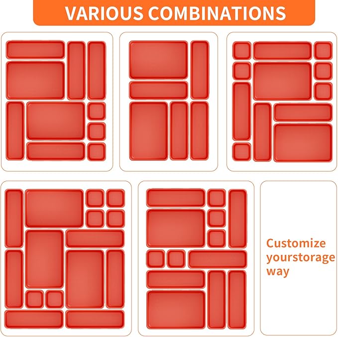 45 Pack Desk Drawer Organizer Tray, 3 Sizes Plastic Drawers Organizer Storage for Kitchen, Bathroom, Office, Vanity, Makeup, Utensils, Junk Drawer Organizer Bins, Gadget Trays for Organizing, Red