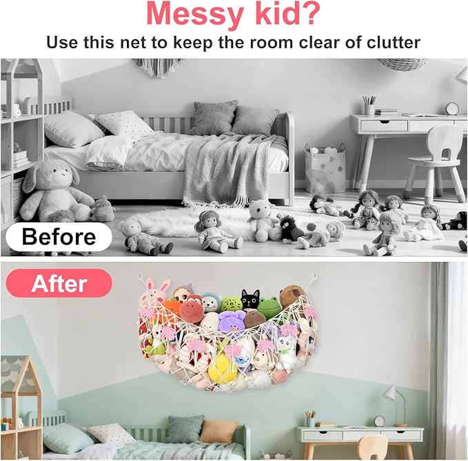 60"Stuffed Animal Net or Hammock for Stuffed Animal Storage,Flat Wall Mounted Hanging Net Organizer for Kids Plush Toys,Space-Saving Wall Storage with Hooks,Durable Mesh for Nursery & Playroom (White)