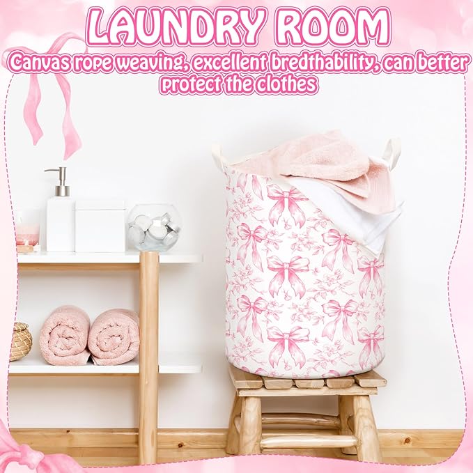 2 Pcs Laundry Basket Coquette Storage Basket for Girls Nursery Hamper with Handles Foldable Waterproof Collapsible Storage Bin Organizer for College Dorms Bathroom(Mixed Bows)