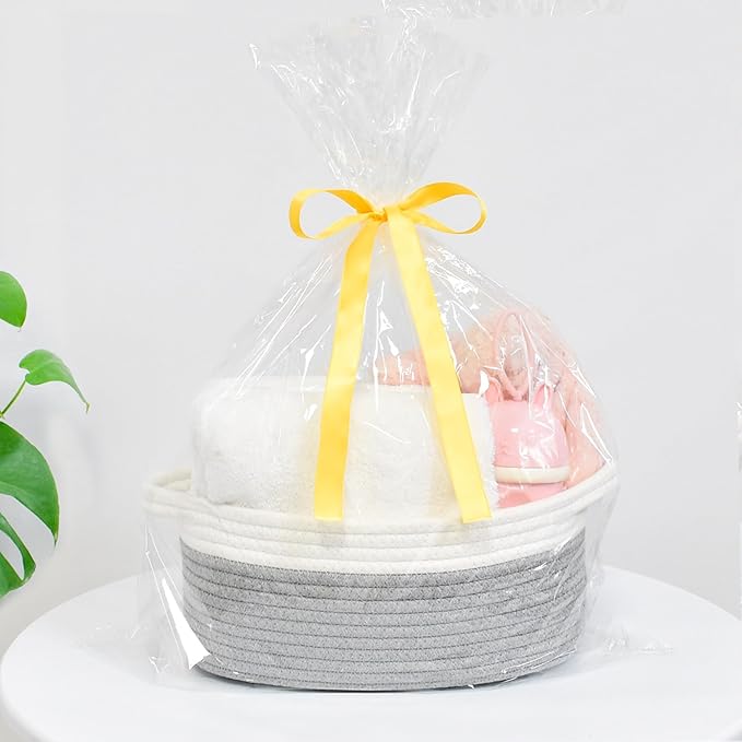 ABenkle Small Basket, 12"x 8" x 5" Cute Small Woven Basket, Rope Room Shelf Storage Basket, Cat Dog Toys Basket Chest Box, Decorative Empty Gift Basket with Handles - Grey