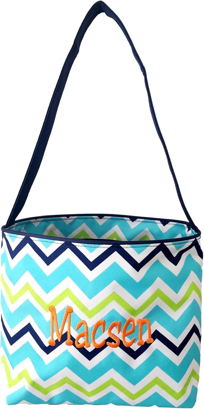 Personalized with Name Blue ZIg Zag Chevron Material Easter Basket Bucket for Egg Hunting