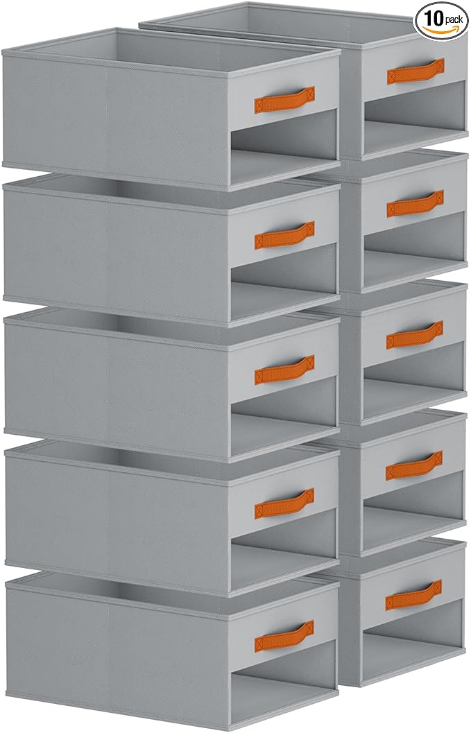Closet Organizers and Storage - 10 Pack Storage Bins Baskets for Organization Foldable Closet Organizer with Clear Window & Handles for Clothes, Toys, Towels, Small Essentials (Grey)