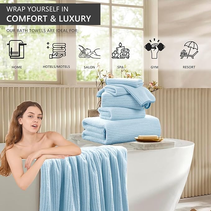 4 Piece Bath Towel Set 35"x70"Oversized Bath Towel for Bathroom Ultra Soft Fluffy Extra Large Bath Sheet Luxury Premium Bathroom Towel Highly Absorbent Quick Dry Shower Towel for Hotel Spa,Blue White