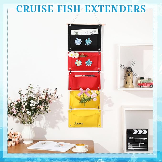 Fish Extender Cruise Hanging 5 Pockets with 4 Pcs Iron on Sea Turtle Patches and 4 Cruise Door Magnets Cabin Storage Bag 2026 Fe for Exchange Gift Pixie Dusting