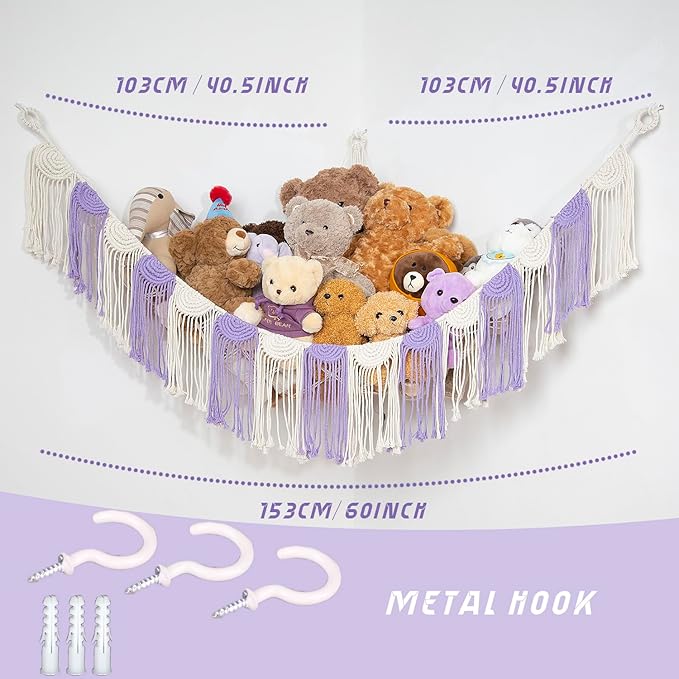 Stuffed Animal Hammock Corner Hanging Net for Stuff Animal Storage Toy Organizer for Kid's Room Stuffed Animal Toy Hammock Plush Toy Holder