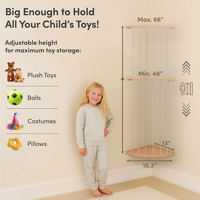 PUTSKA Nursery Furniture Hanging Organizer – Wall Mounted Stuffed Animal Storage for Baby Room, Corner Plush Collection Display & Nursery Organization System, Space-Saving Vertical Storage - Rainbow