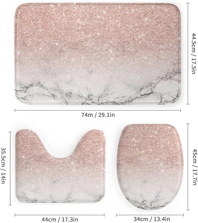 4 Piece Modern Rose Gold Pink Glitter White Marble Art Shower Curtain + Bath Room Rug Mat Set, Waterproof Spa Curtain Super Absorbent Bath Room Carpet