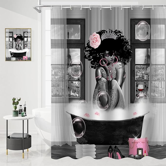 5Pcs Black Girl Shower Curtain Set with Decorative Painting, African American Wall Painting Bathroom Sets with Shower Curtain and Rugs, Trendy Women’s Bathroom Pictures for Wall Art Decor