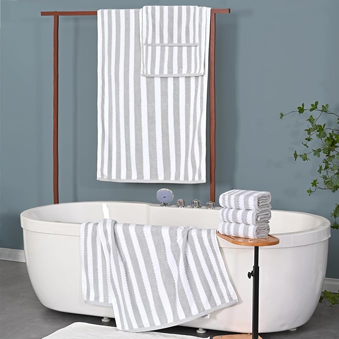 Gray and White Towels, 4 Hand 16"x27", 2 Bath 28"x52" - Cotton | Quick Dry | Lightweight, 6PCS Waffle Towel Set, Grey Striped Towels Bathroom, Luxury Towel Gift Set, Stripe and Checkered