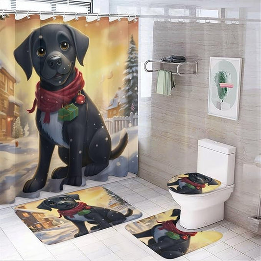 4 Piece Shower Curtain Sets Rug Toilet Lid Cover and Non-Slip U Shape Mat Happy New Year Black Labrador Durable and Waterproof Labrador Lover Gifts for Bathroom Decor
