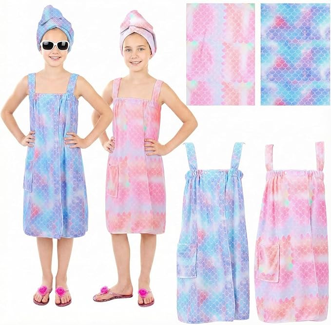 2 Sets Girls Towel Wrap Hair Towel Wrap for Kids with Soft Bath Body Dress Cute Adjustable Bathrobe with Turbans for 3.9-4.9 ft Kids Girls Wet Hair Rapid Drying(Princess Mermaid)