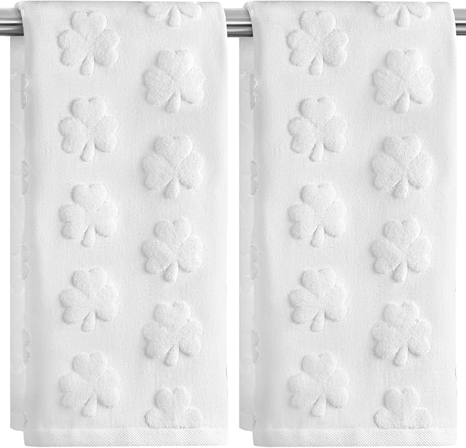 2 Pack St. Patrick's Day Hand Towels Kitchen Dish Towels White Clover Shamrocks 100% Cotton Soft Absorbent Decorative Bathroom Towels Set for Drying, Cleaning, Cooking, 13.7'' x 29.5''
