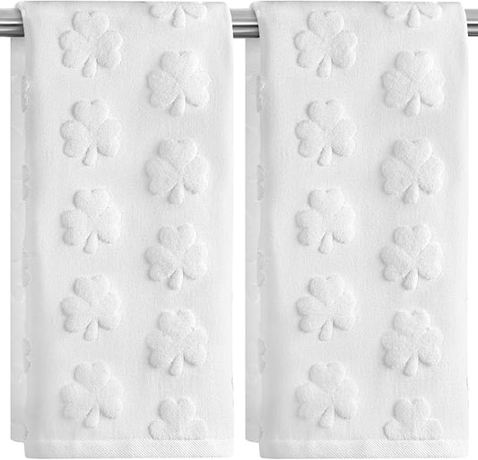 2 Pack St. Patrick's Day Hand Towels Kitchen Dish Towels White Clover Shamrocks 100% Cotton Soft Absorbent Decorative Bathroom Towels Set for Drying, Cleaning, Cooking, 13.7'' x 29.5''