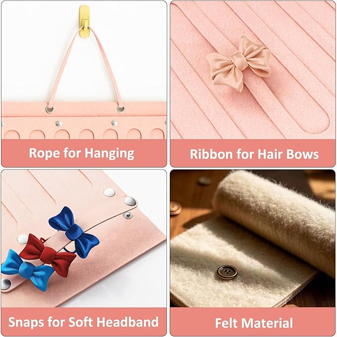 Bow Holder for Girls Hair Bows, Hair Accessories Organizer for Toddler Kids Baby Girl, Hanging Hairbow Storage Organizer Hanger Rack for Hair Stuff, Nursery Room Decor for Wall Door, Pink