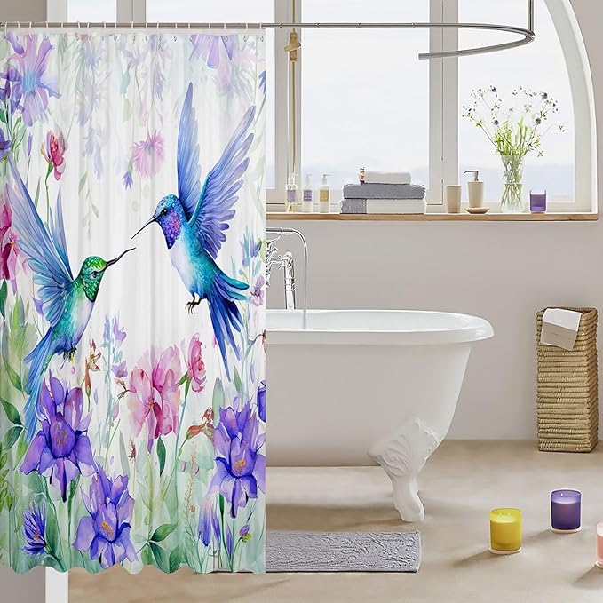 Hummingbird Girls Shower Curtain Butterfly Flower Birds Bath Curtain Wild Animals Bathroom Sets Floral Plants Fresh Nature Fabric Curtains Sets Waterproof For Women Bathroom Decor 72"W x 72"L Green