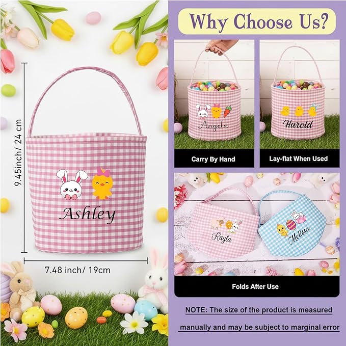 Personalized Easter Baskets for Kids Egg Basket Gingham Bunny Bucket Candy with Handle Tote Bucket Reusable Goody Baskets for Kids Gifts Bags