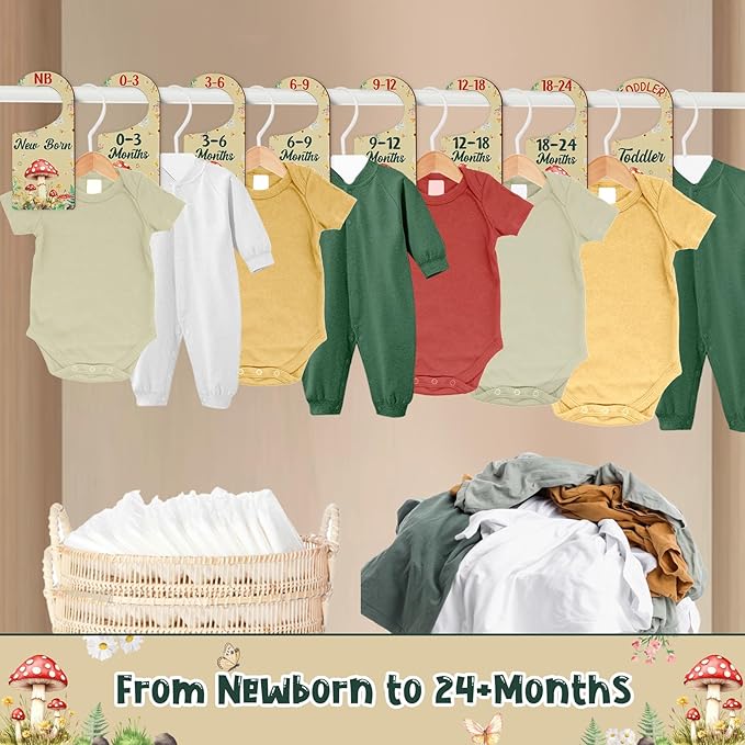 Baby Closet Dividers 8PCS, Mushrooms Themed Wooden Double-Sided Clothes Size Hanger/Organizer from Newborn to Toddler for Nursery Decor Baby Shower Birthday Gender Reveal Party Gift
