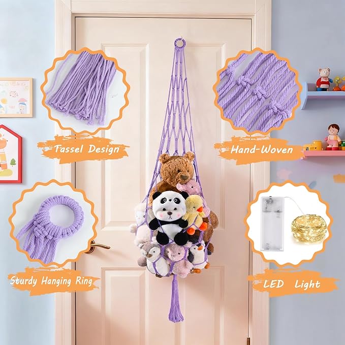 Stuffed Animal Hammock Corner Net with LED Light Plushies Storage Hammock for Stuffed Animals Boho Room Decor Macrame Wall Decor