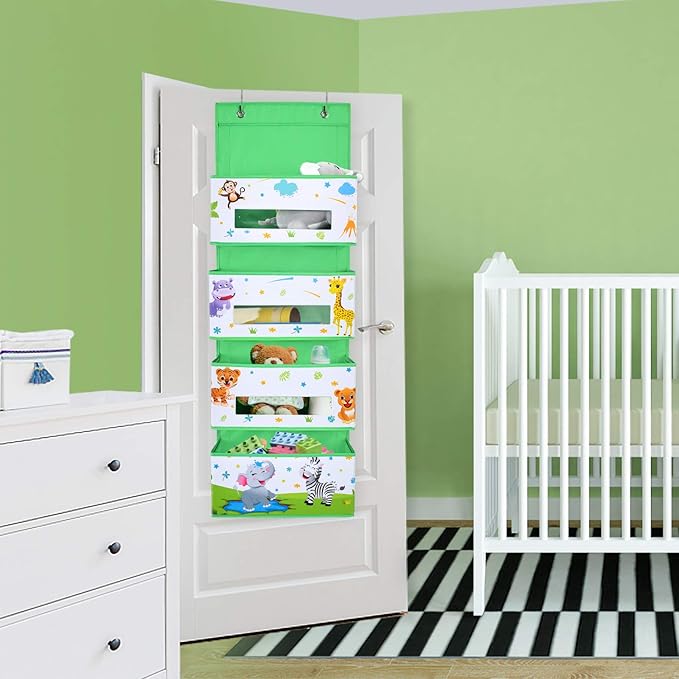 WERNNSAI Jungle Animal Over the Door Hanging Organizer - 4 Clear Window Pockets, Oxford Cloth Material, Suitable for Children's Rooms, Kindergartens, Nurseries