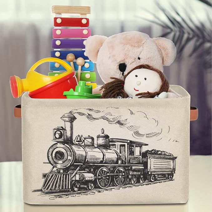 Large Storage Baskets for Organizing Shelves Vintage Steam Locomotive Train Foldable Cube Storage Bins with Handles Rectangle Fabric Closet Organizers for Home Toys Clothes, 1 Pack
