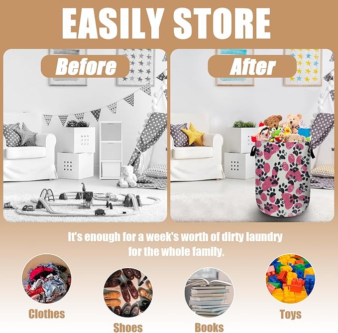 Pink Paw Print Laundry Basket, Foldable Waterproof Laundry Hamper Tote Bag Dirty Clothes Storage Bucket Toy Organizer for Bathroom/Laundry/Bedroom 15.7"x19.6"