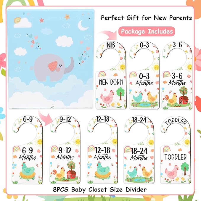 Baby Closet Dividers 8PCS, Cute Chick Themed Wooden Double-Sided Clothes Size Hanger/Organizer from Newborn to Toddler for Nursery Decor Baby Shower Birthday Gender Reveal Party Gift