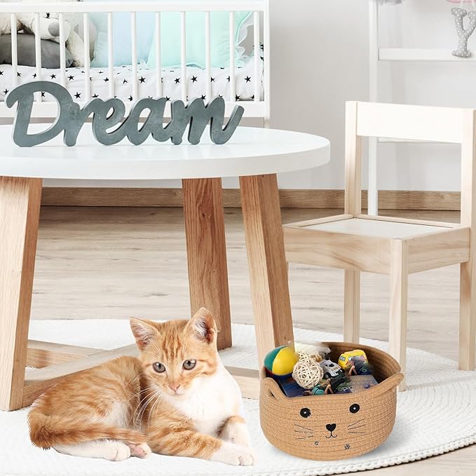 Zopeal Cat Basket Storage Woven Organizer with Ears Christmas Decorative Pet Toy Cute Cotton Rope Basket for Gift Cat Dog Toy Bin Nursery Room(8.3 x 4.7 Inch,Khaki)