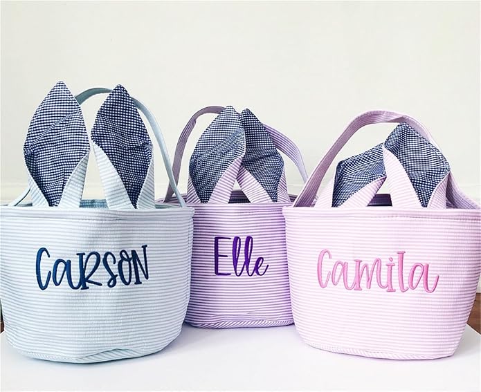 Personalized Seersucker Easter Basket with Gingham Bunny Ears - Custom Embroidered Canvas Basket
