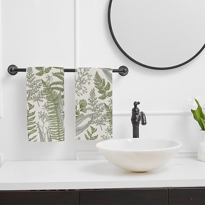 Green Fern Leaves Hand Towel for Bathroom Set of 2,Watercolor Botanical Plant Leaves Bathroom Hand Towel,Soft Absorbent Decorative for Hotel Home Decor