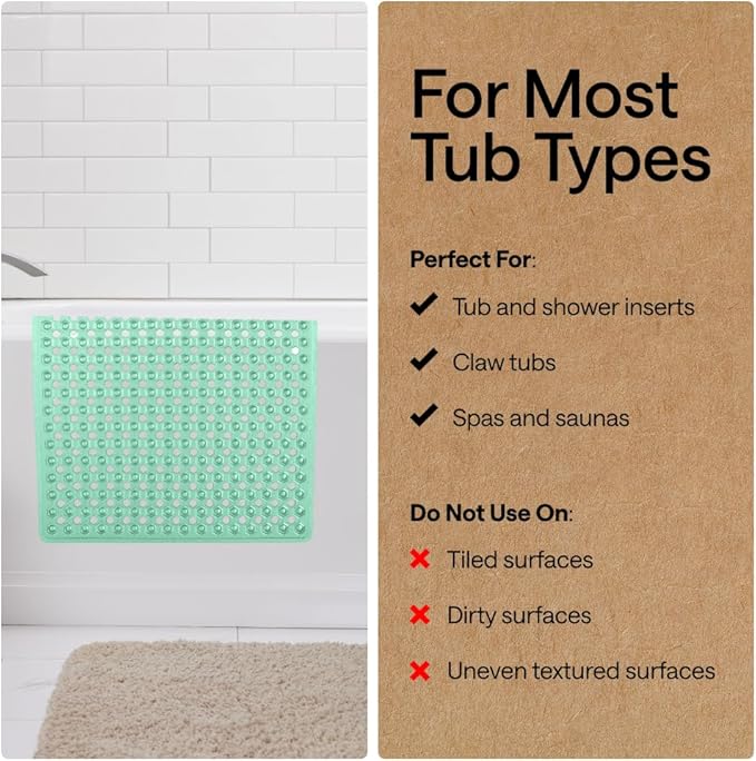 GORILLA GRIP Patented Bath Tub Shower Mat, Machine Washable Bathtub Floor Liner Mats, Suction Cups and Drain Holes to Keep Tubs Clean, Soft on Feet, Bathroom Essentials, 35x16 Inch, Clear Green