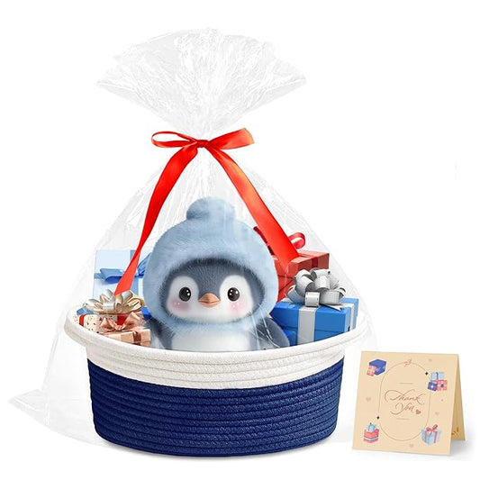 Small Woven Basket with Gift Bags and Ribbons Cute Baskets for Gifts Empty 12"x8"x5" Small Rope Toy Basket for Babies Baskets for Storage, White & Navy Blue
