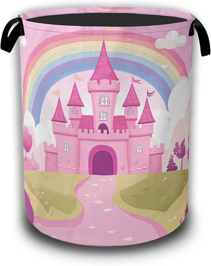 Pink Castle Laundry Basket,Rainbow Princess Laundry Hamper Waterproof Oxford Cloth Tote Collapsible,Clothes Storage Bucket Decorative Toy Organizer For Bathroom Bedroom 16" x 20.8"