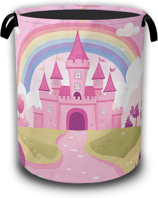 Pink Castle Laundry Basket,Rainbow Princess Laundry Hamper Waterproof Oxford Cloth Tote Collapsible,Clothes Storage Bucket Decorative Toy Organizer For Bathroom Bedroom 16" x 20.8"