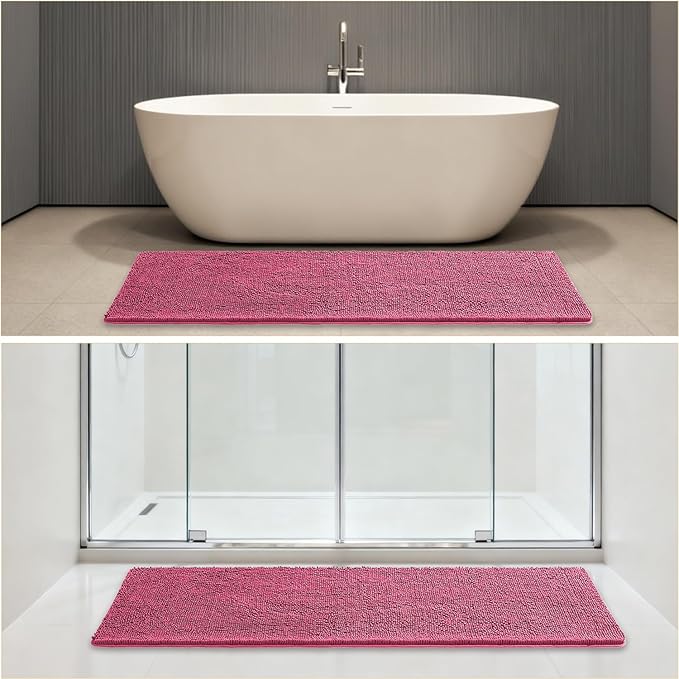 Hot Pink Bathroom Rugs 24"x72" - Long Plush Chenille Non-Slip Runner Bath Mat - Absorbent, Washable, Soft Decor for Shower, Sink, Tub, Kitchen, Floor, Home Accessories