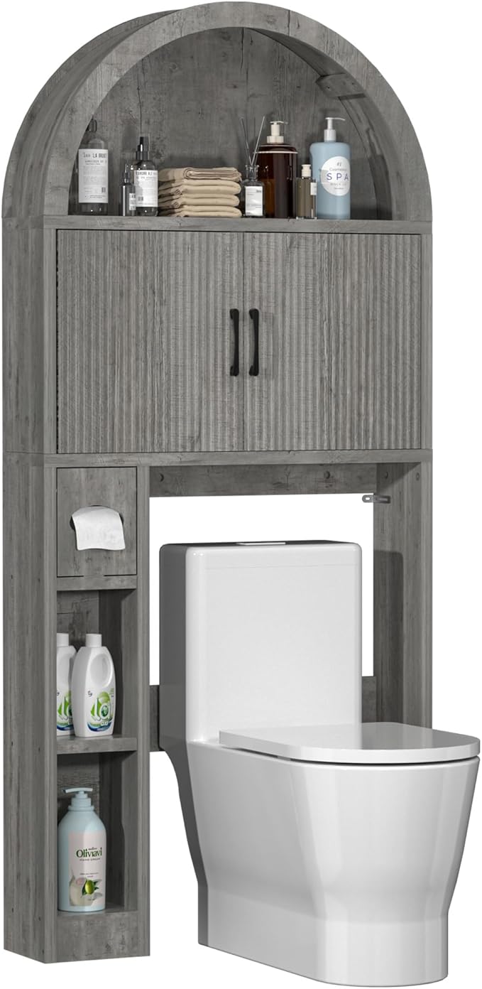 Over The Toilet Storage Cabinet, Bathroom Organizer Over Toilet, Arched Storage Organizer Cabinet with Anti-Tip Device and Adjustable Shelf for Washroom Laundry and Restroom, Grey