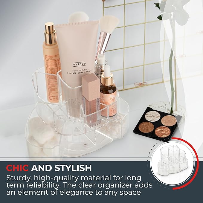 Masirs Small 360 Rotating Makeup Organizer - Mini Yet Spacious Cosmetic Storage Solution with Multiple Compartments - The Perfect Spinning Make-Up Caddy for Vanity or Bathroom Counter (Square - Clear)