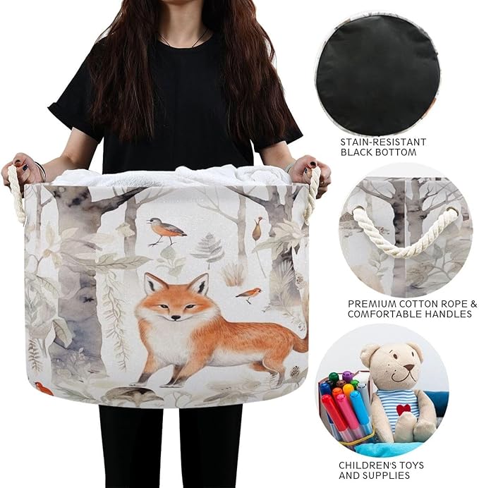 Blanket Storage Basket for Living Room - Cute Forest Fox Large 20"x20"x14" Cotton Rope Handles Laundry Basket, Foldable for Toy Storage, Blanket Basket