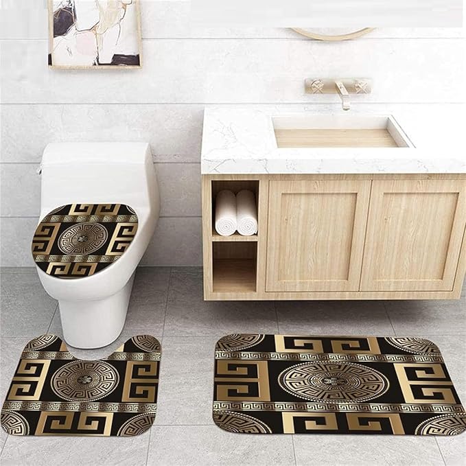 3 Piece Bath Mats Geometric Black Gold Greek Key Meander Waterproof Non Slip Bath Mat Set, Washable Rug for Bathroom 3-Piece Set