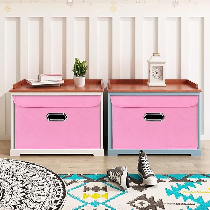 STOREONE Fabric Storage Cube Bins Foldable Organizer Container Collapsible Basket with Lids and Metal Handles, for Home, Bedroom, Closet 6 Pcs (Pink)