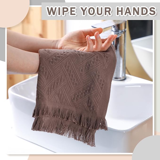 4 Pack Boho Bathroom Hand Towel 14 x 30 Inch 100% Turkish Cotton Decorative Boho Kitchen Hand Towel Farmhouse Bathroom Decor Set Absorbent Soft Guest Tea Gift(Brown)
