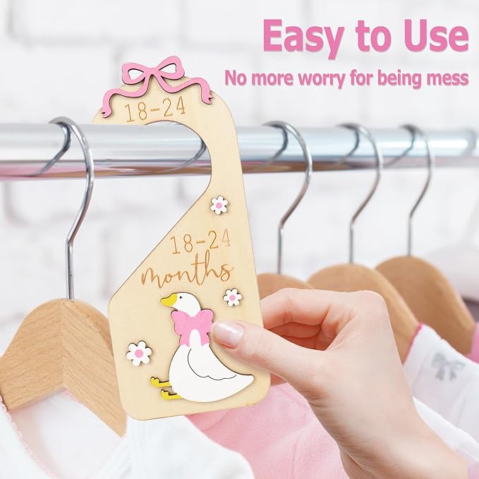7Pcs Goose Wood Baby Closet Size Dividers with Storage Bag Pink Bow Goose Hanging Closet Organizer Newborn to 24 Month Infant Wardrobe Organizer for Home Nursery
