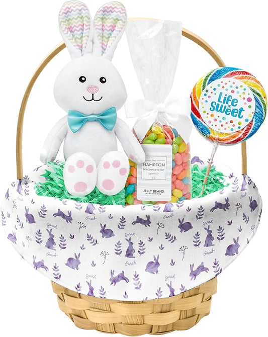 Let's Make Memories Personalized Easter Basket for Kids - For Boys - For Girls - Create Your Own - Fillable - Wicker - Easter Basket Stuffers - Small - Purple Rabbit