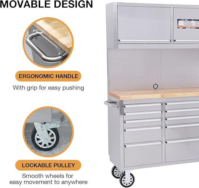 SINDA 72 Inch Rolling Tool Chest Tool Box Mobile Tool Workbench Garage Tool Storage Cabinet Large Rolling Lockable Tool Box with Wood Top, 15 Drawers + 3 Upper Cabinets