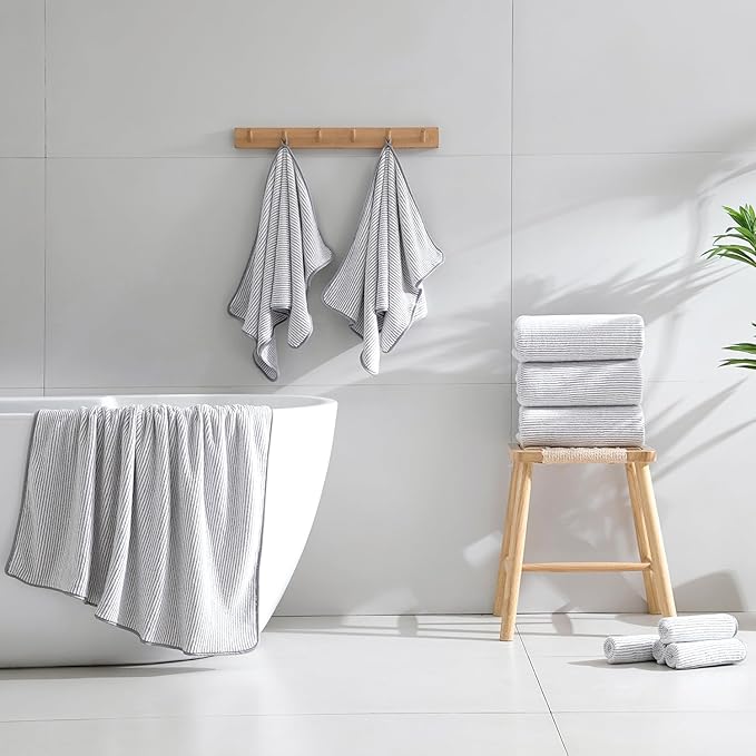 8-Piece Premium Towel Set for Bathroom|2 Oversized Large Bath Sheet,2 Hand Towels,4 Washcloths|Soft Cozy Highly Absorbent Fast Dry Microfiber Shower Towel Set for Hotel Bathroom Essentials,Beige White