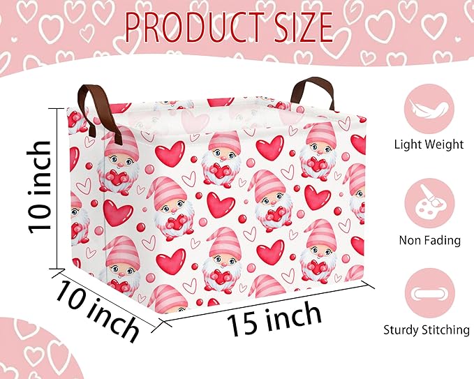 Large Valentine's Day Basket Heart Shaped Storage Bin for Gifts Collapsible Organizer Room Decor (Pink Gnome Love)