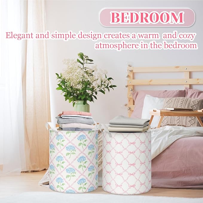 2 Pcs Laundry Basket Coquette Storage Basket for Girls Nursery Hamper with Handles Foldable Waterproof Collapsible Storage Bin Organizer for College Dorms Bathroom(Hydrangea)