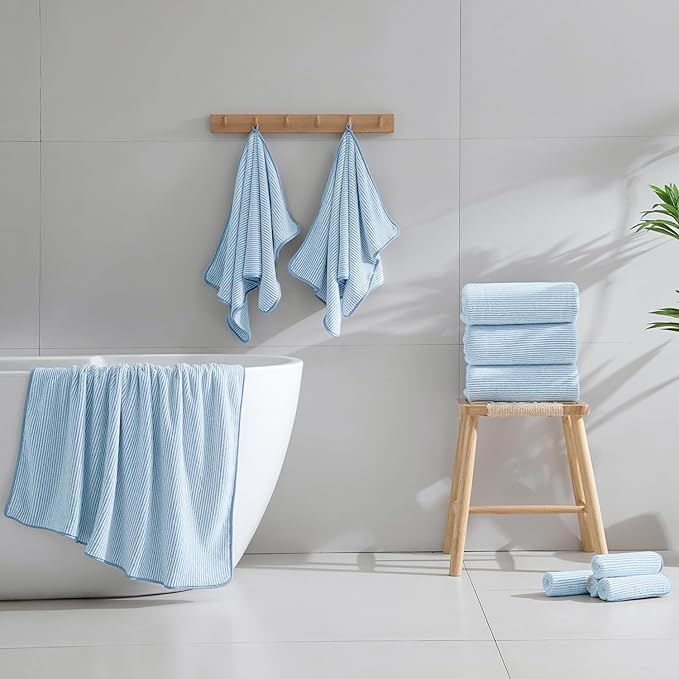 8-Piece Premium Towel Set for Bathroom|2 Oversized Large Bath Sheet,2 Hand Towels,4 Washcloths|Soft Cozy Highly Absorbent Fast Dry Microfiber Shower Towel Set for Hotel Bathroom Essentials,Blue White